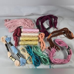 Mixed Craft Thread Lot Embroidery Cotton Floss Skeins Pinks Blues Yellow Gold